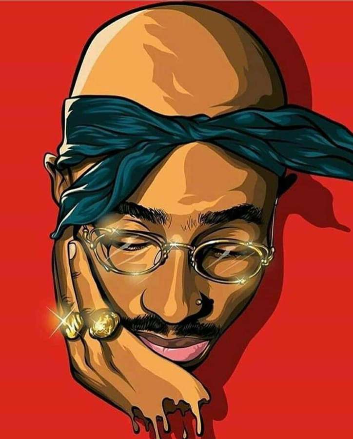 Retrato de Tupac Shakur usando óculos e uma bandana azul contra um fundo vermelho. — Brindes Papéis de Parede