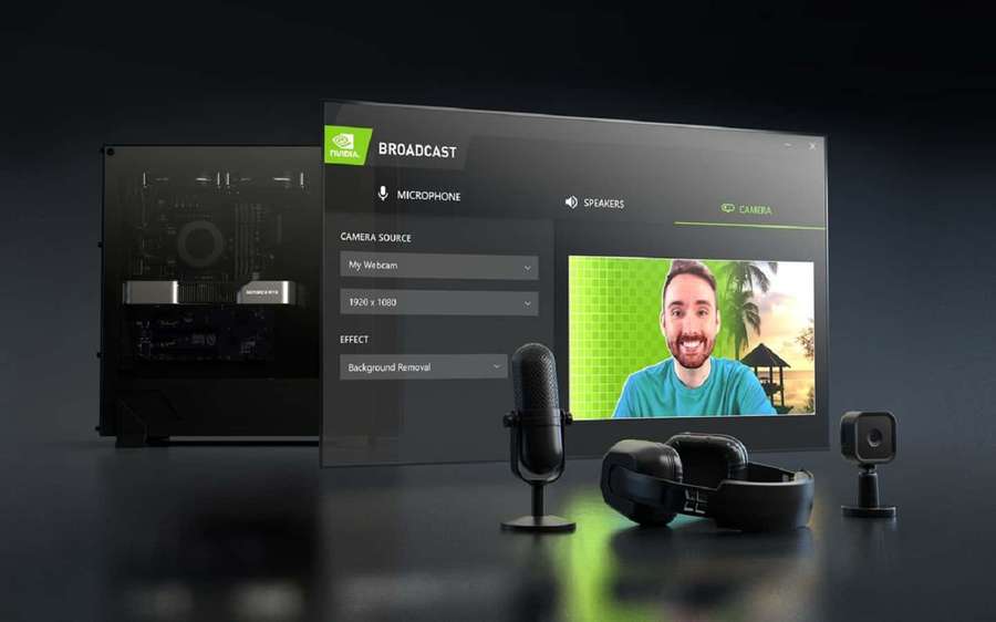 Gaming stream setup with PC microphone headset and webcam on dark surface. — Broadcast Wallpaper