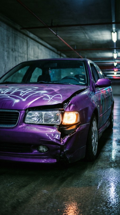 A damaged purple sedan in a underground garage with neon glow. — Broken Car Wallpaper