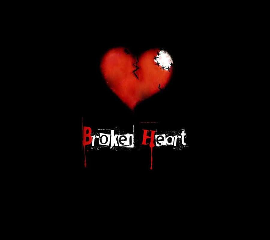 A red broken heart stitched with white thread and text below reading 'Broken Heart'. — Broken Heart Black Background