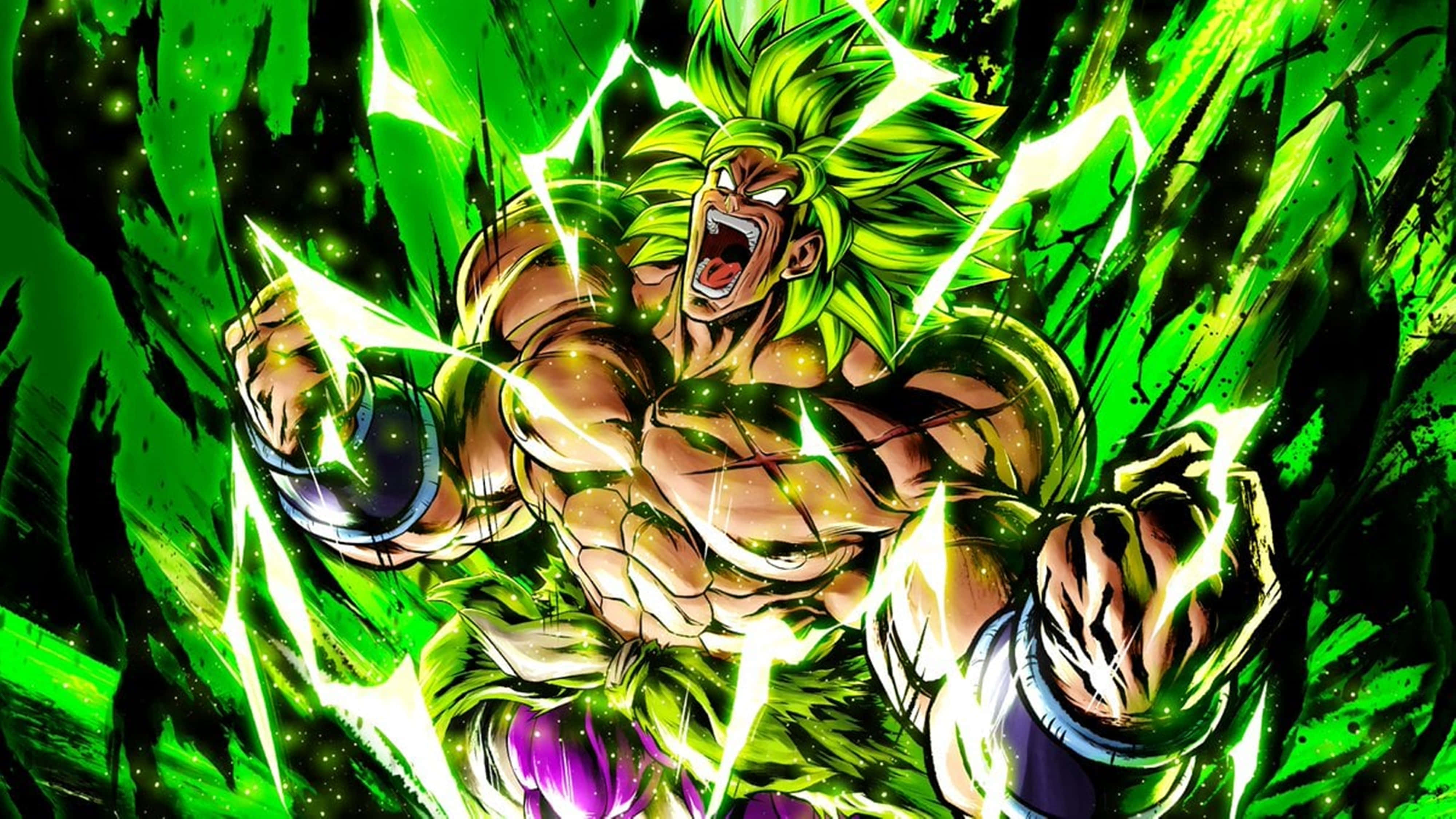 Anime character Broly in Super Saiyan God form unleashing green energy with lightning effects. — Broly 4K Wallpaper