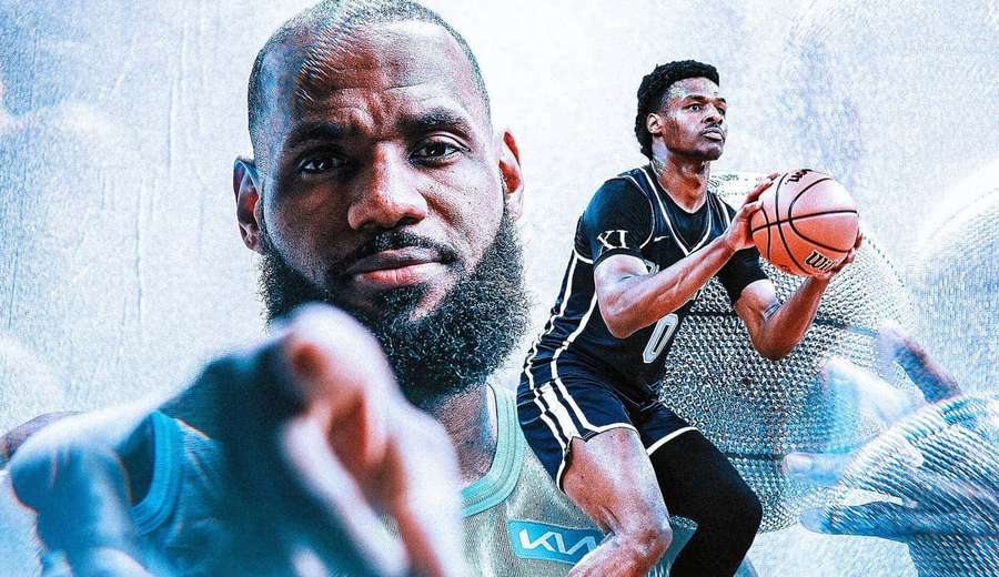 LeBron James e um jogador de basquete em ação contra um fundo azul gelo. — Bronny James Papéis de Parede