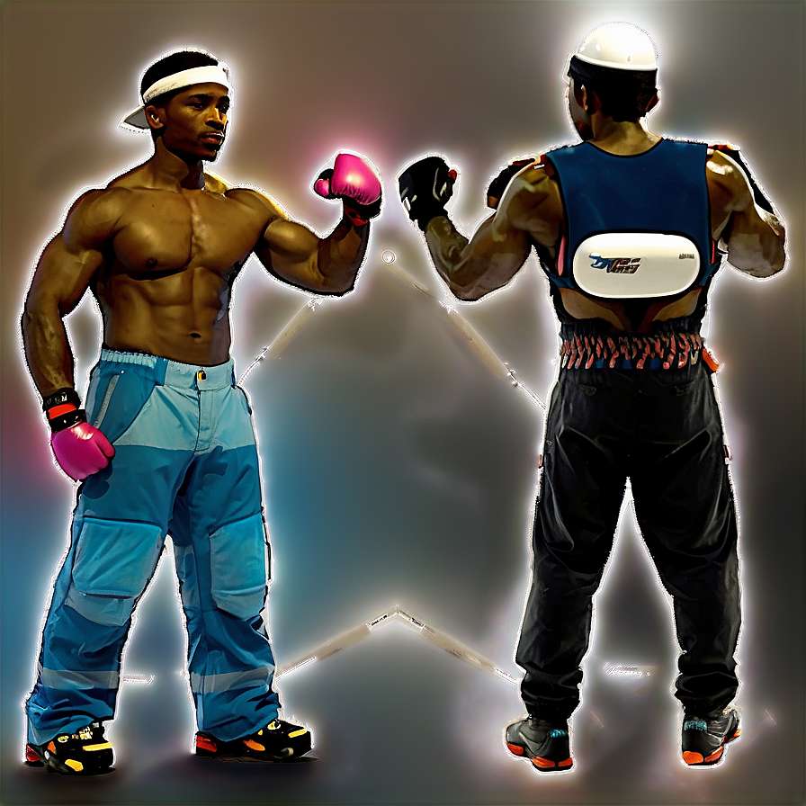 Two boxers in training gear facing each other in a glowing digital ring. — Brother PNG
