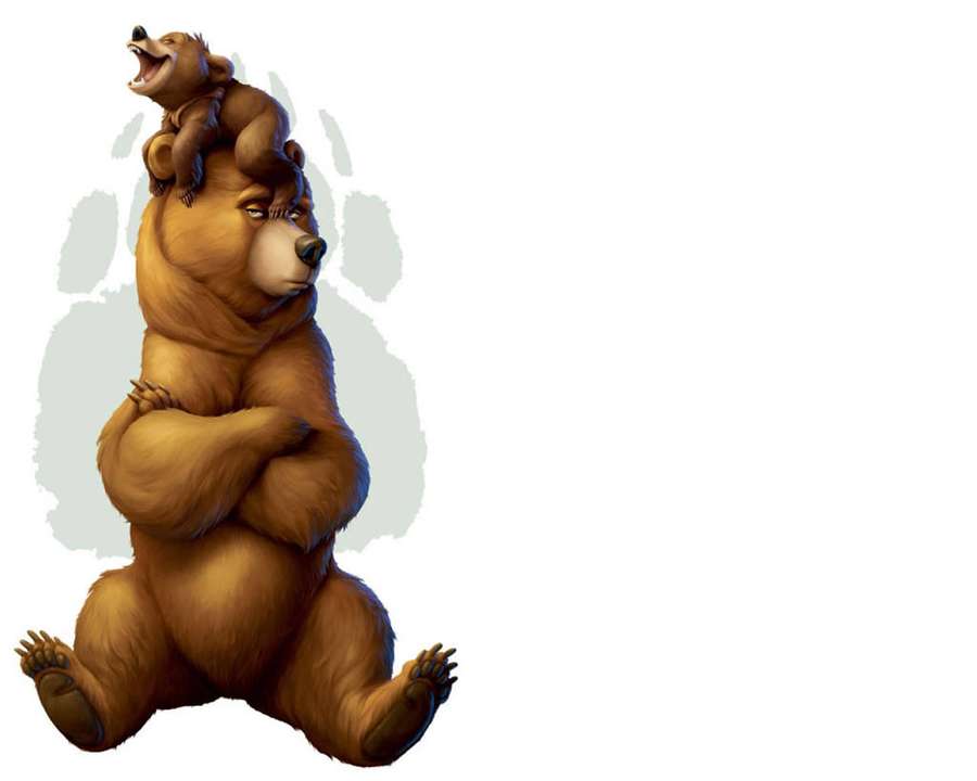 A cartoon bear with arms crossed has a cub sitting on its head. — Brother Wallpaper
