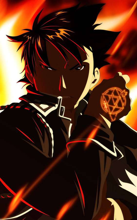 Anime-Figur hält leuchtendes Pentagramm vor feurigem Hintergrund — Bruderschaft Wallpaper