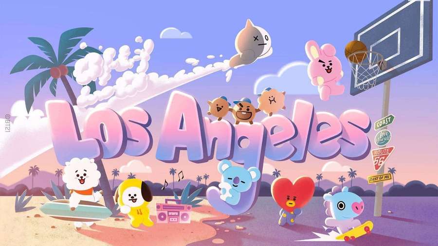 Cartoon animals enjoy beach and basketball fun in Los Angeles with palm trees and pastel sky. — Bt21 Background