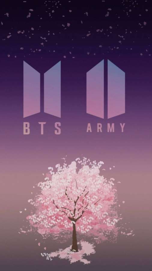 Kirschblütenbaum unter violettem Himmel mit BTS Army-Logos darüber — Bts Armee Wallpaper