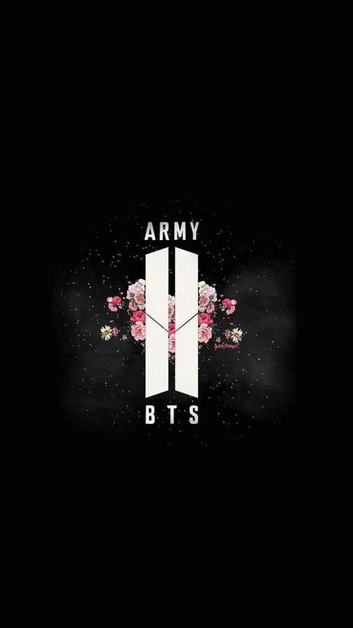 BTS logo surrounded by pink flowers on a dark starry background. — Bts Army Background