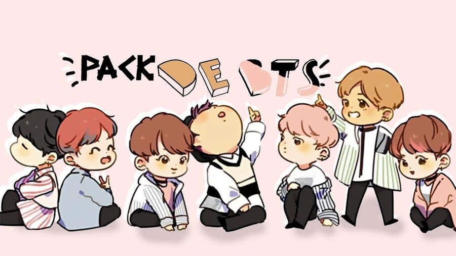 Chibi BTS members in playful poses with 'PACK DE BTS' text on pink background. — Bts Cartoon Background
