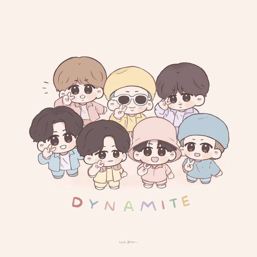 Sieben Chibi-K-Pop-Idole posieren mit Friedenszeichen in Pastellfarben. — Bts Dynamite Bilder Hintergrund Wallpaper