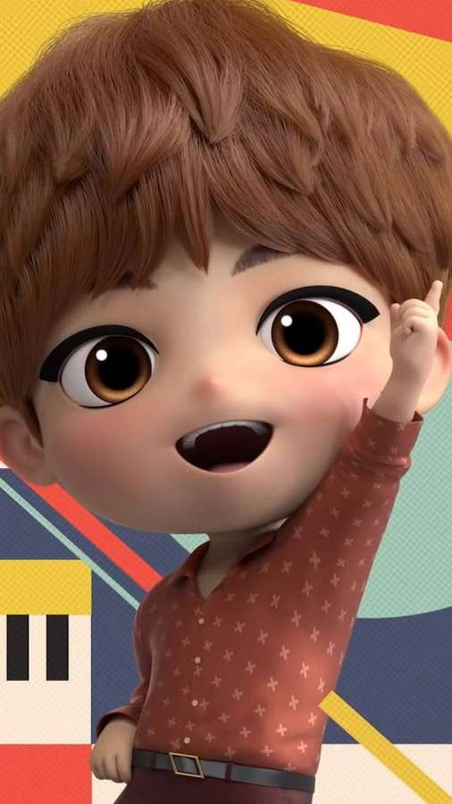 Anime-Junge in Sternhemd zeigt mit hellen Augen nach oben vor buntem geometrischem Hintergrund. — Bts Dynamite Bilder