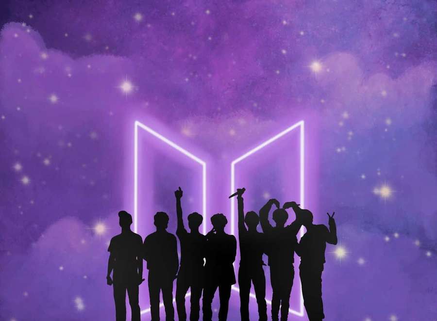 Seven people in silhouette pose before glowing doors under a starry purple sky. — Bts Icon Wallpaper