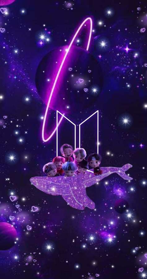 Seitsemän animoitua hahmoa ratsastaa kimaltelevalla valaalla violetin tähtitaivaan läpi hehkuvien sydämien ja neon BTS-logon kanssa. — Bts Ikoni Taustakuvat