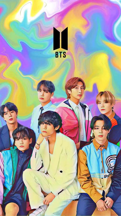 BTS-Bandmitglieder in bunten Outfits vor einem psychedelischen Regenbogenwirbelhintergrund. — Bts iPhone Wallpaper
