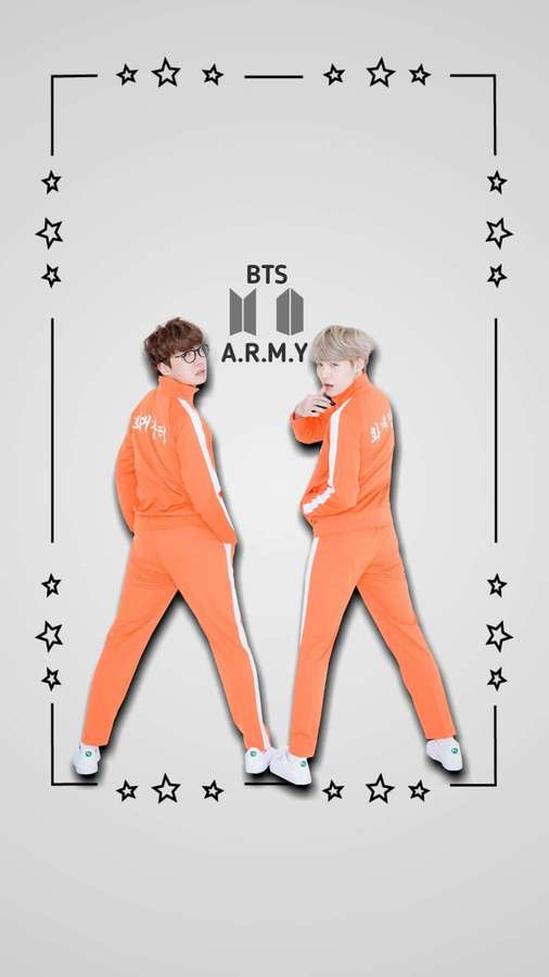 Zwei K-Pop-Idole in passenden orangefarbenen Trainingsanzügen posieren in einem sternenförmigen Rahmen. — Bts Lustig Wallpaper