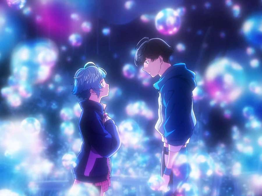 Two anime characters gaze at each other surrounded by glowing orbs in a magical scene. — Bubble Anime Wallpaper