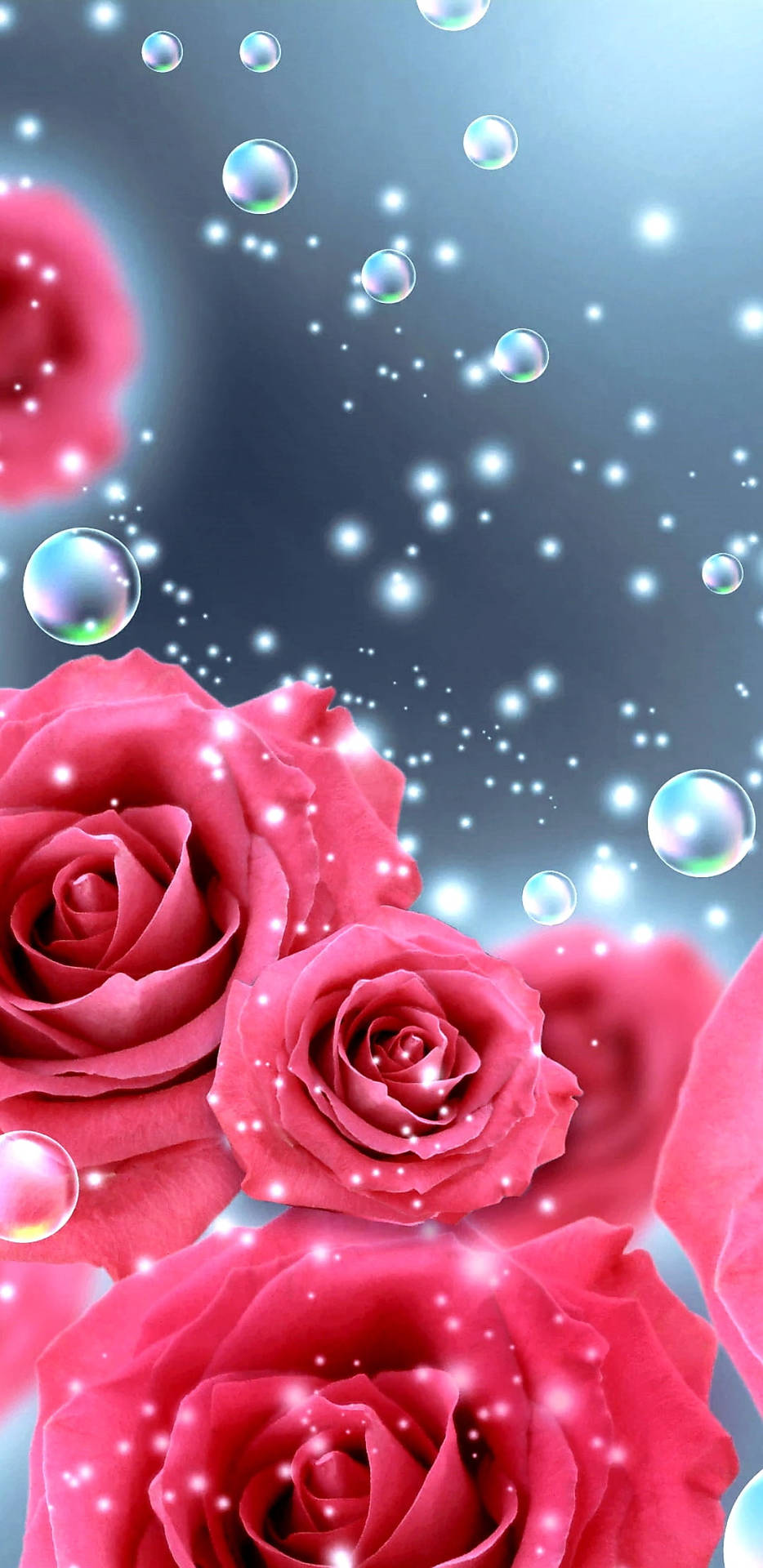 Pink roses with floating bubbles and sparkles on a blue gradient background. — Bubbles Wallpaper