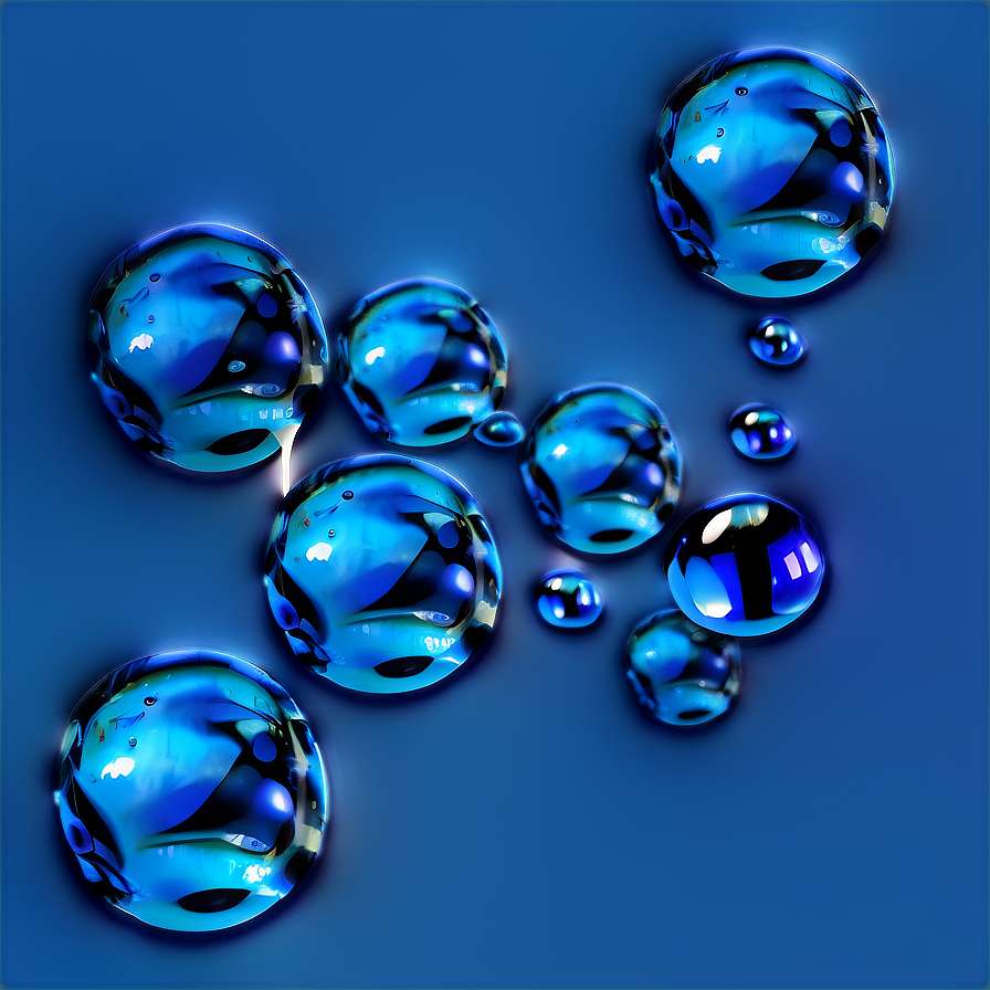 Floating blue water droplets with light reflections on a gradient blue background. — Bubbles PNG