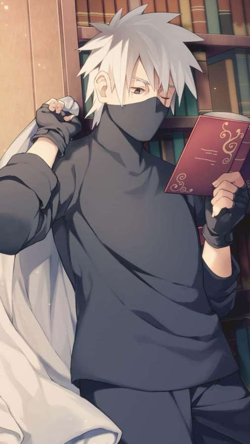 Anime-Figur mit weißen Haaren und Maske, die in einer Bibliothek ein rotes Buch liest. — Buch Lesen Wallpaper