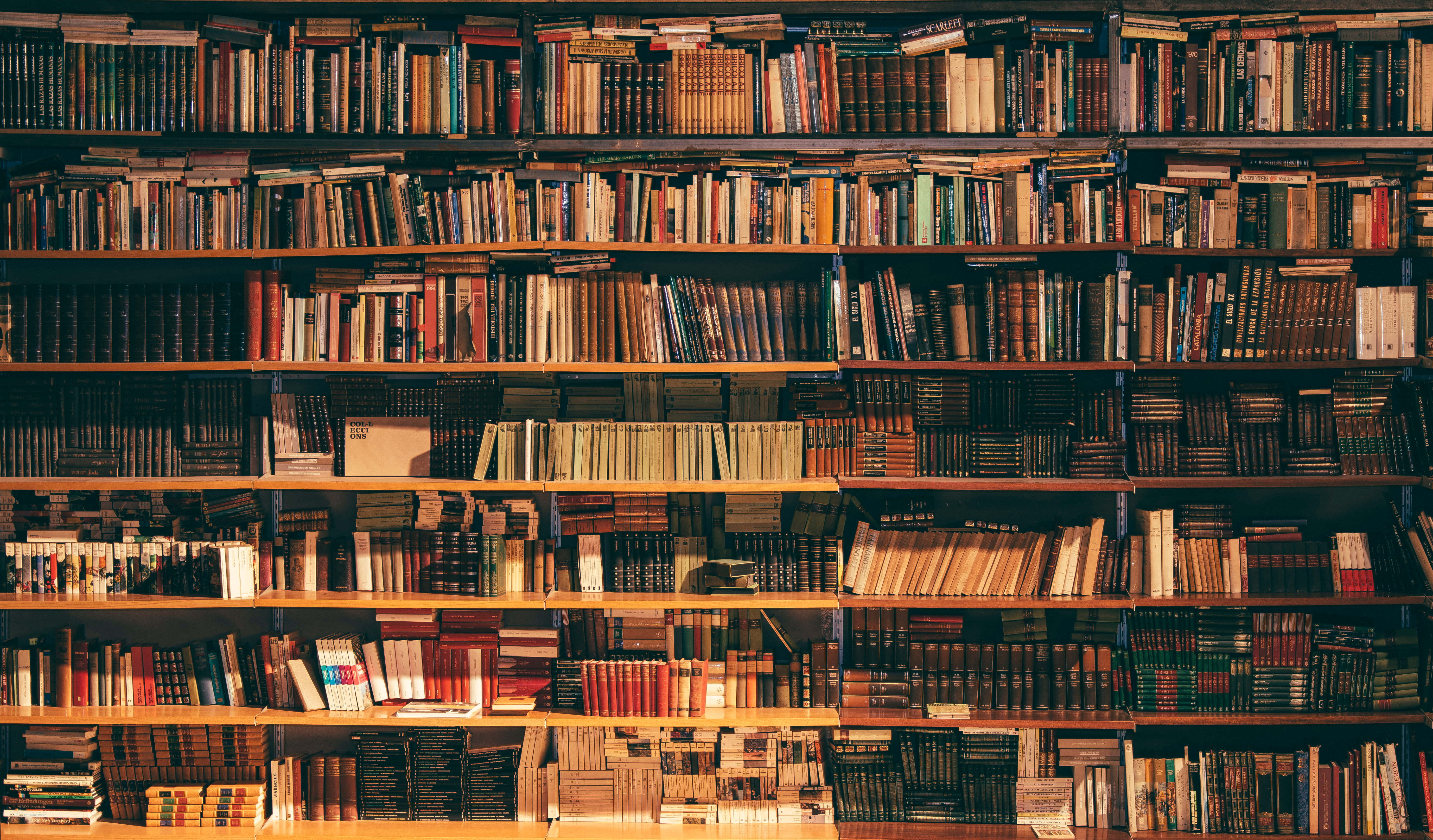 Reihen von Holzregalen mit Vintage-Büchern in einer gemütlichen Bibliothek. — Bücher Bilder Wallpaper