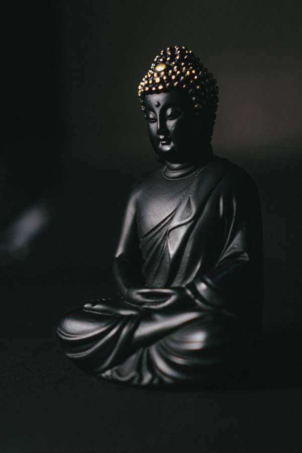 Black Buddha statue with golden ushnisha in meditative pose. — Buddha 3d Background