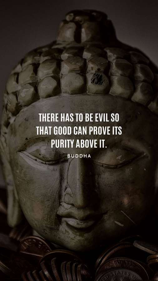 Stone Buddha head with closed eyes surrounded by old coins and inspirational quote. — Buddha Quotes Background