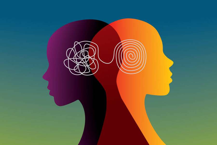 Two facing silhouettes with contrasting brain patterns one chaotic one calm. — Budget Wallpaper