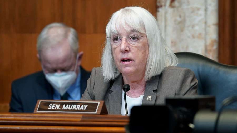Senaattori Patty Murray puhuu kongressin kuulemistilaisuudessa naamioituneen kollegan takanaan. — Budjetti Taustakuvat