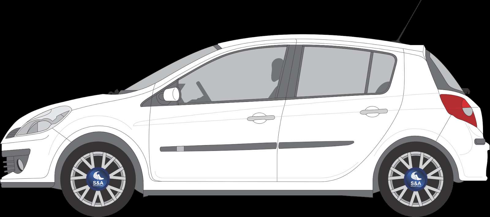 White compact car illustration with gray trim and red taillight on black background. — Buick Background