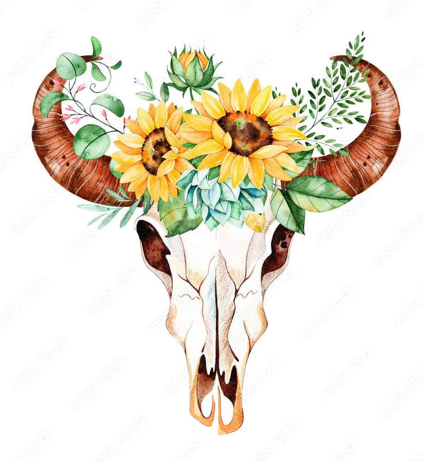 Ram skull decorated with sunflowers and green leaves in watercolor style. — Bull Skull Wallpaper