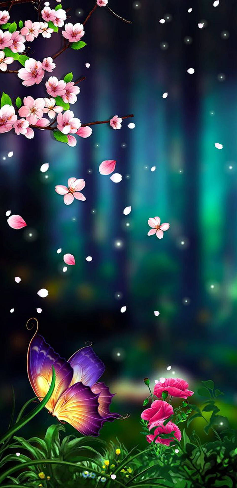 Seekor kupu-kupu ungu dan bunga merah muda mekar di bawah cahaya hutan yang bersinar. — Bunga Mobile Wallpaper