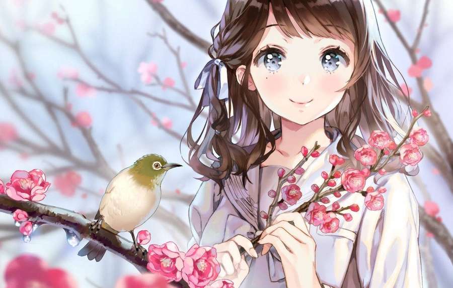 Anime girl holding cherry blossoms with a bird on a branch — Bunga Picture