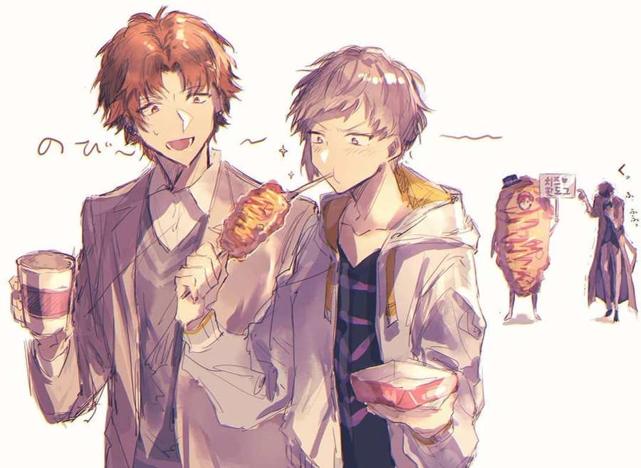Two anime boys eating street food with a mascot nearby. — Bungo Background