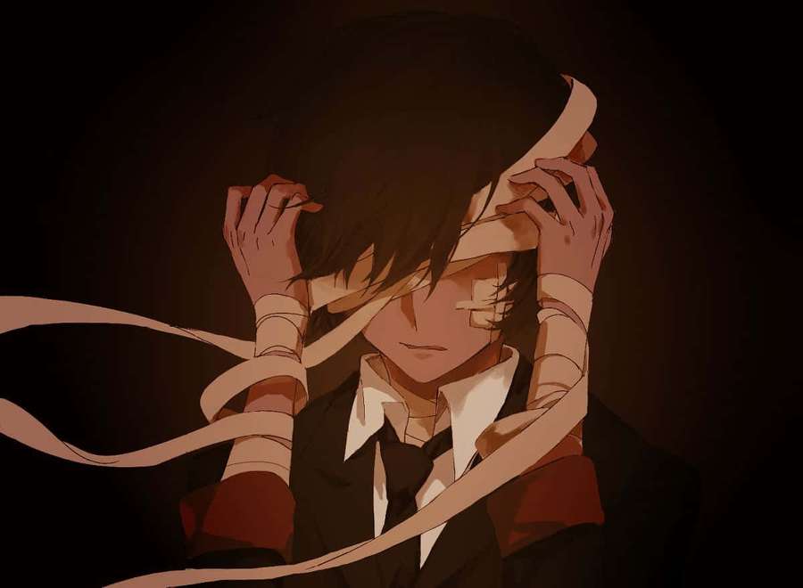 Anime-Charakter mit dunklem Haar und Anzug, gefesselt von beigen Bändern bei schwachem Licht. — Bungou Straßenhunde Wallpaper