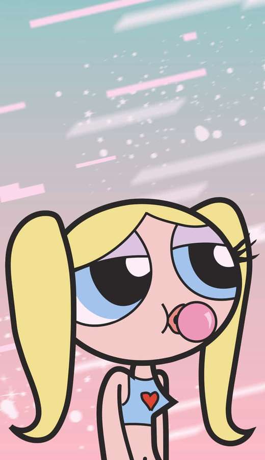 Chica de dibujos animados con coletas soplando una burbuja rosa en un cielo brillante. — Burbujas Fondos de pantalla