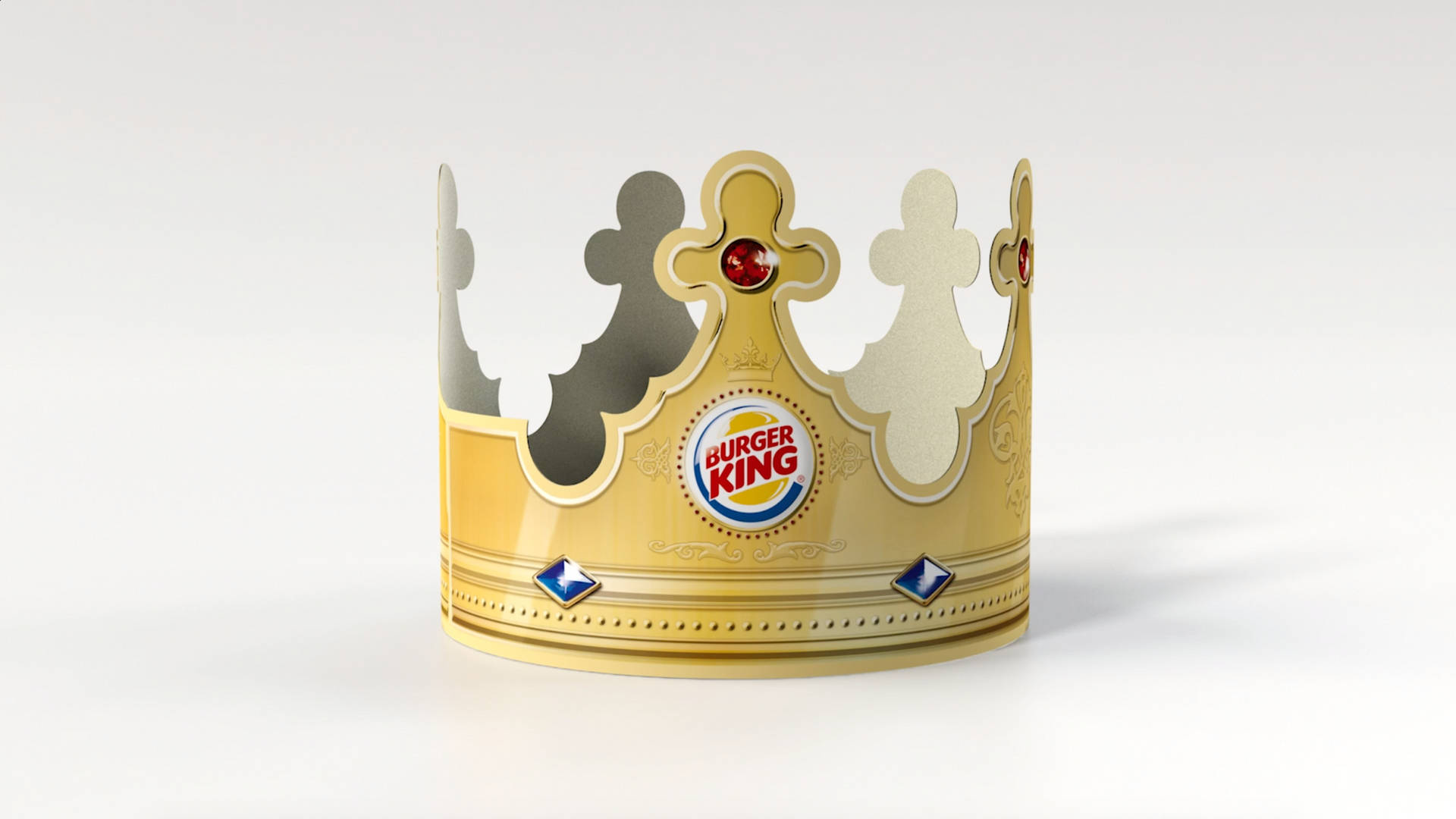 Golden Burger King crown with red and blue gems on white background — Burger Background