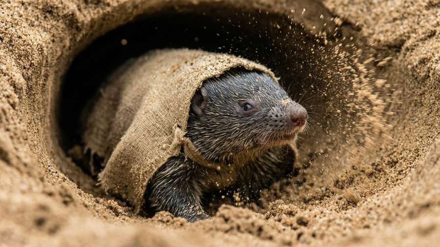 Action shot of Sandy Cloak Burmy diving into sand — Burmy Picture