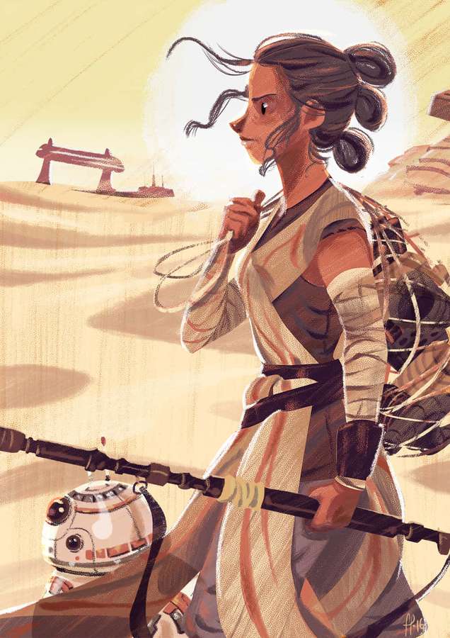 Joven Jedi y droide caminando por el desierto al atardecer. — Buscador Fondos de pantalla