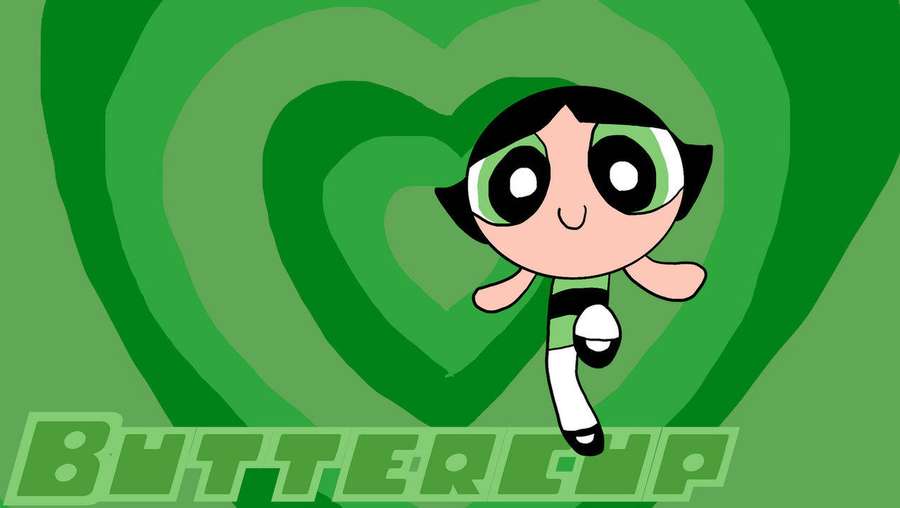 Buttercup Powerpuff Girlsistä hymyilee vihreällä sydäntaustalla ja nimellä alla. — Buttercup Taustakuvat