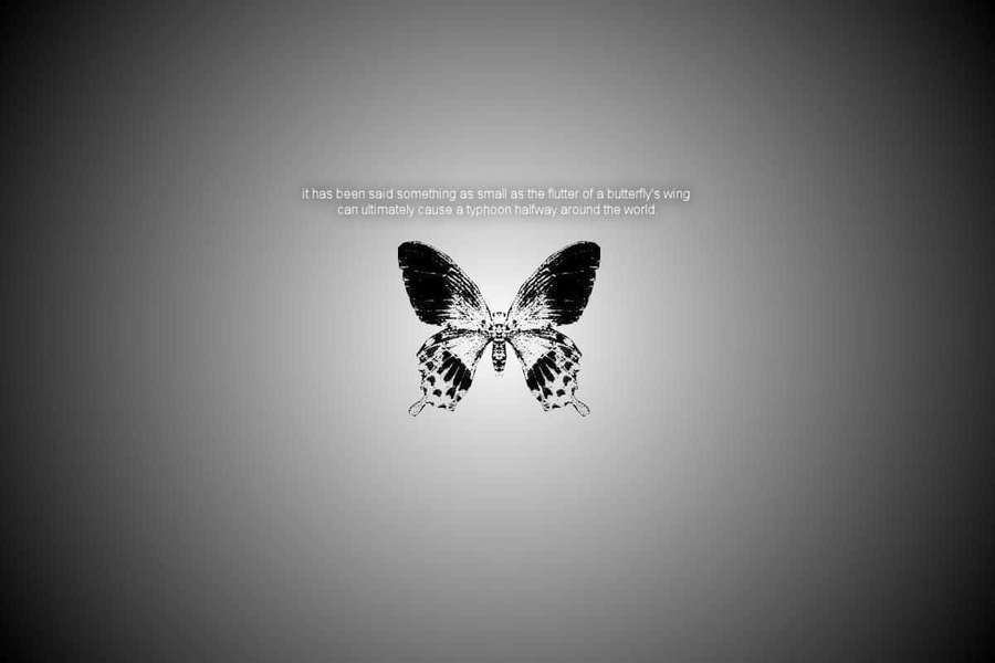 En sort og hvid sommerfugleillustration med et citat om sommerfugleeffekten. — Butterfly Effect Wallpapers
