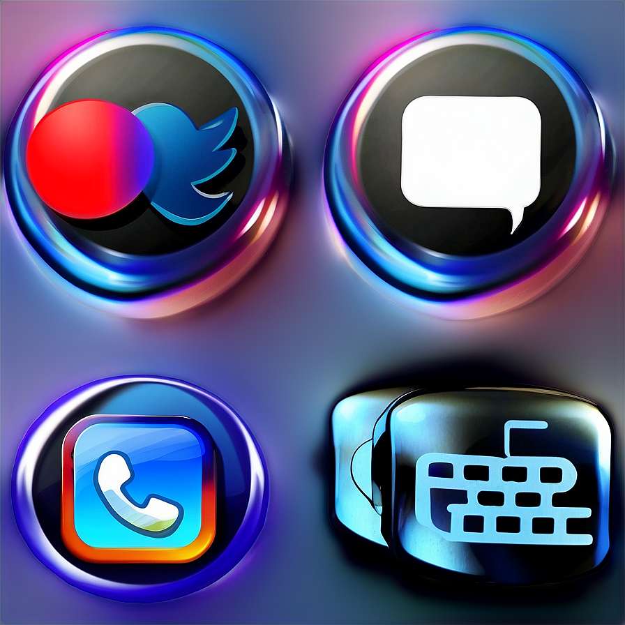 Four glowing app icons for social media phone and keyboard on dark background. — Button PNG