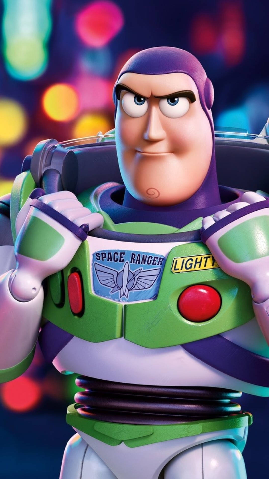 Buzz Lightyear i sin rymddräkt med färgglada ljus bakom sig. — Buzz bakgrund Bakgrundsbilder