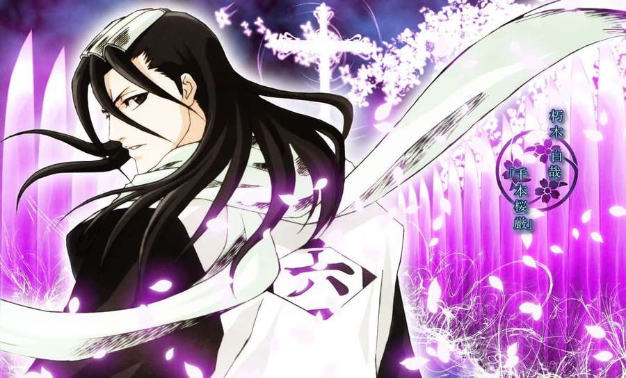 Guerrero de anime con cabello negro largo y túnica blanca rodeado de cerezos en flor púrpura brillantes. — Byakuya Kuchiki Fondos de pantalla