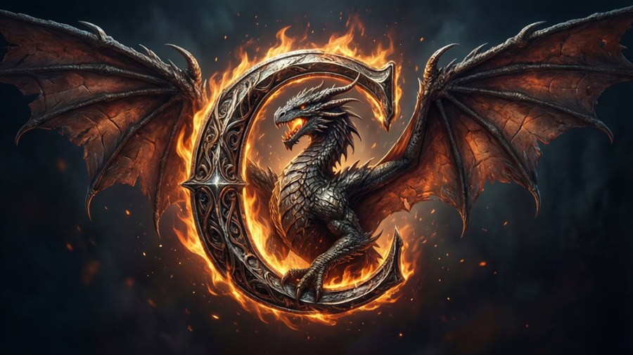 A fantasy C monogram with dragon wings and fiery elements on a dark background. — C Monogram Wallpaper