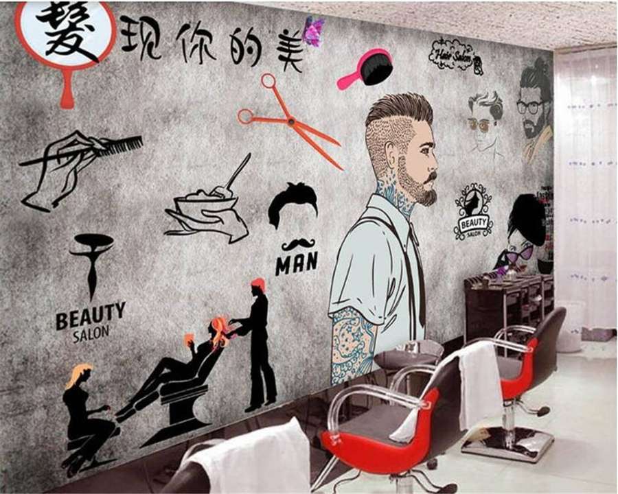 Mural de barbearia com ferramentas de corte de cabelo e penteados masculinos ilustrados. — Cabeleireiro Papéis de Parede