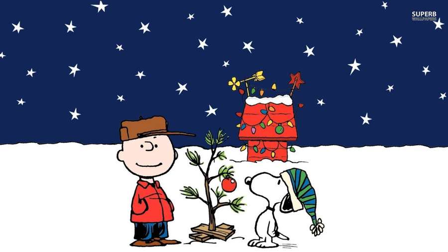 Charlie Brown y Snoopy decoran un pequeño árbol de Navidad bajo un cielo invernal estrellado. — Cacahuetes Fondos de pantalla