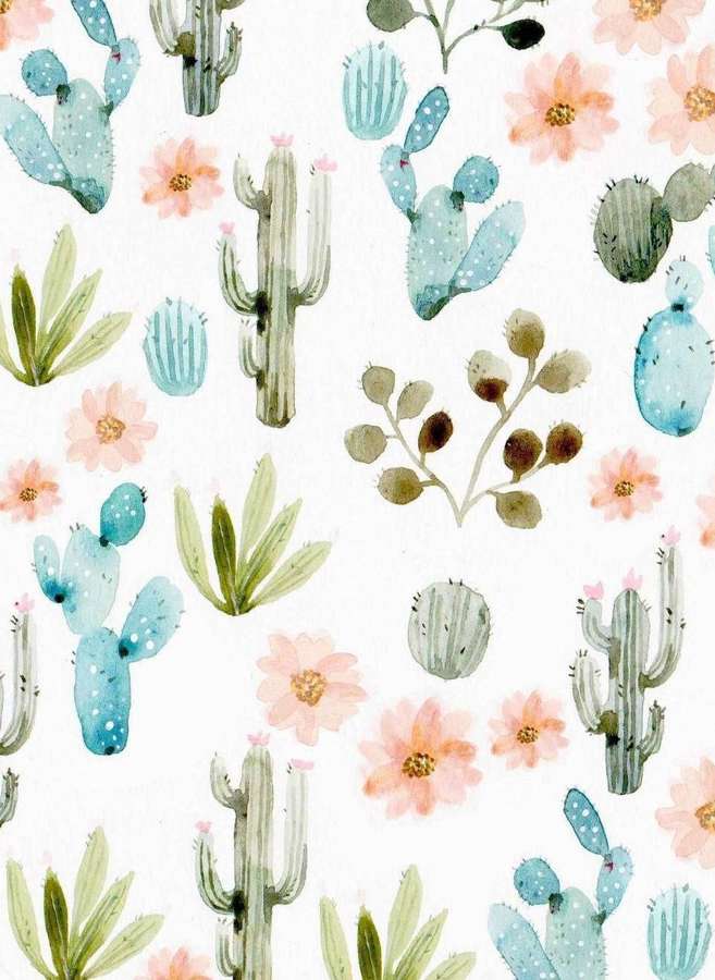 Padrão em aquarela com cactos, flores e suculentas em tons pastéis suaves. — Cacto pastel Papéis de Parede