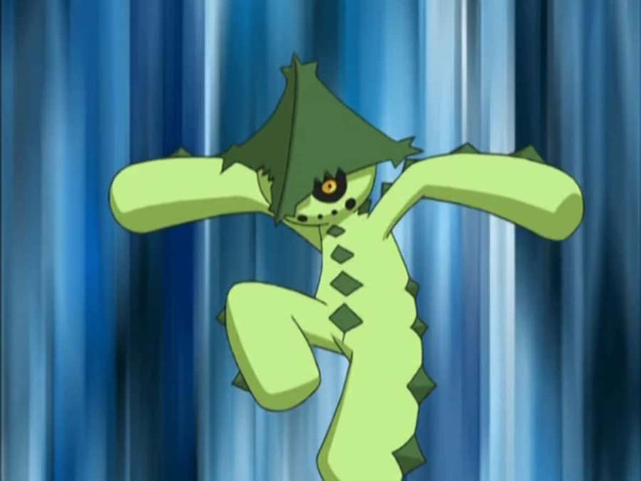 Green anime creature dancing with leaf hat against blue curtain. — Cacturne Wallpaper