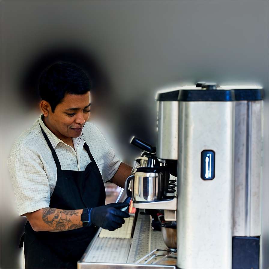 Barista steaming milk for coffee using a commercial espresso machine. — Cafe PNG
