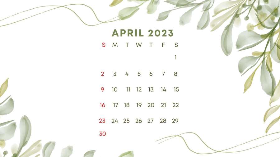 April 2023 calendar with green watercolor leaf accents on white background. — Calendar Background